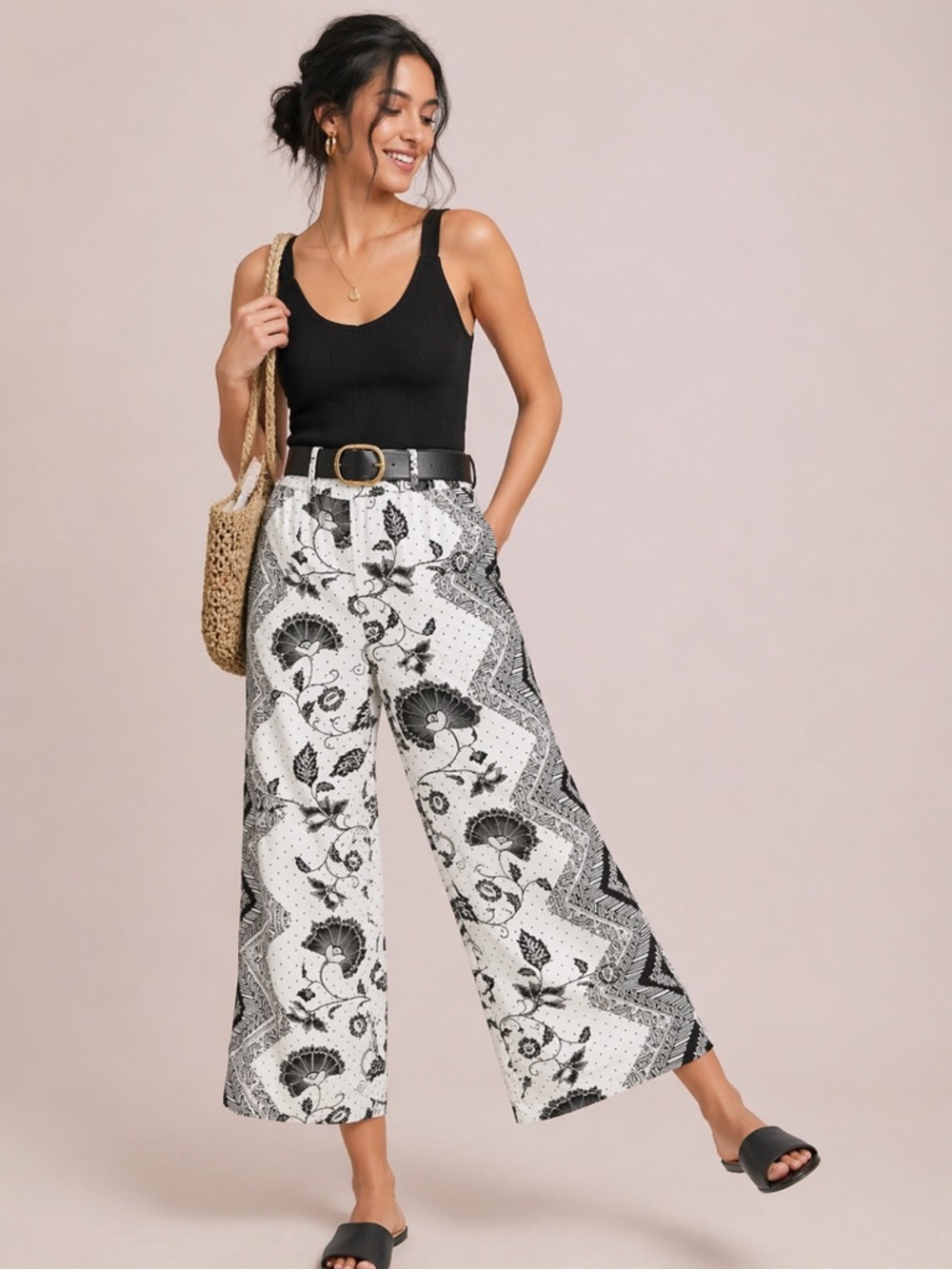 Anthropologie Eterwe Wide Leg Crop Pants S Black White Floral Boho Rayon